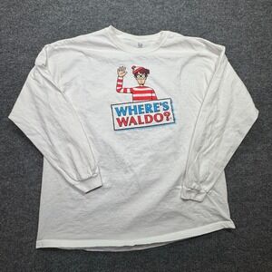 Where's Waldo? T-Shirt Mens XXL White Long Sleeve Graphic Cartoon Camping Map